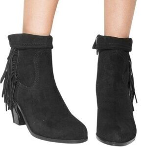 Sam Edelman Louie Black Suede Fringe Western Ankle Boots Size 8.5 New Classics!